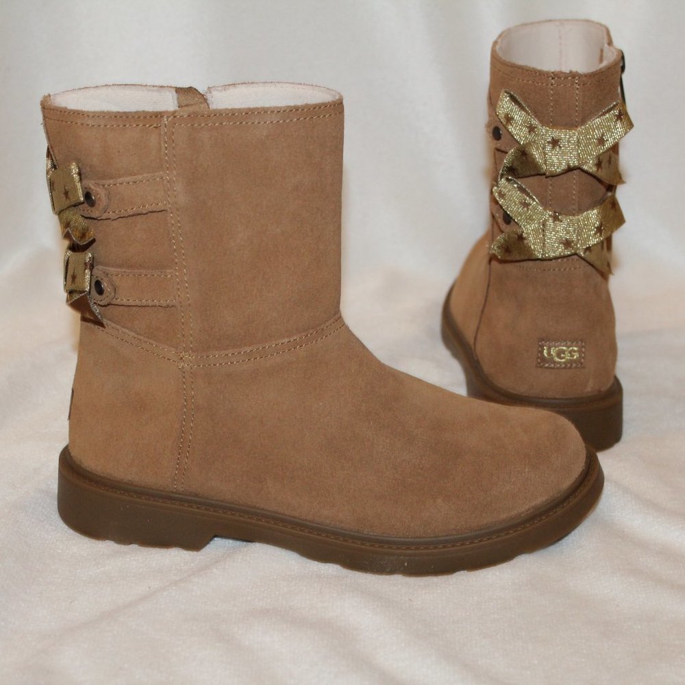 NIB‎ UGG YOUTH 4 WOMEN'S 6 SUEDE METALLIC BOW ANKLE BOOTS CHESTNUT